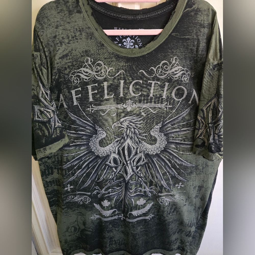 Affliction Shirt Mens 3X Green Black George Saint Pierre, Reversible Graphics